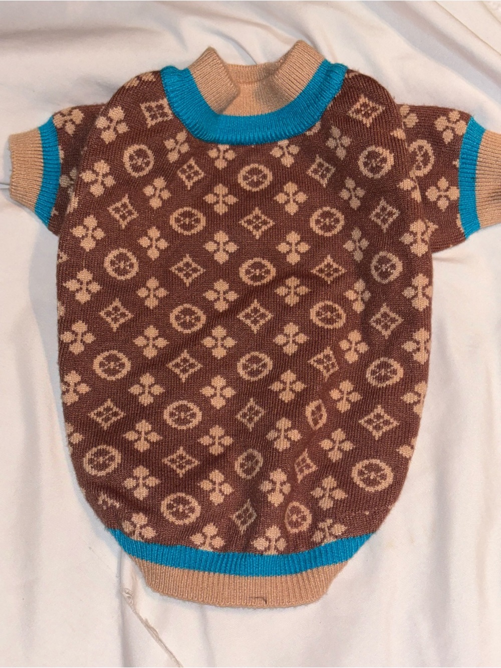 Kids Short-Sleeve Knit Top in Brown & Beige with Turquoise Trim